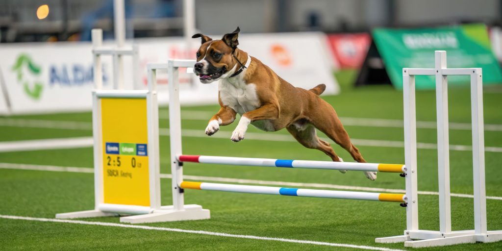 Agile dog jumping over hurdles at indoor sports event